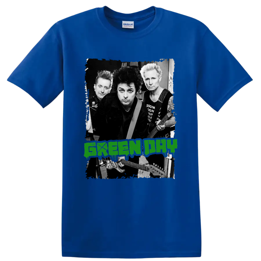 Green Day punk rock band portrait with guitars and distressed green lettering on a Royal (Blue) T Shirt