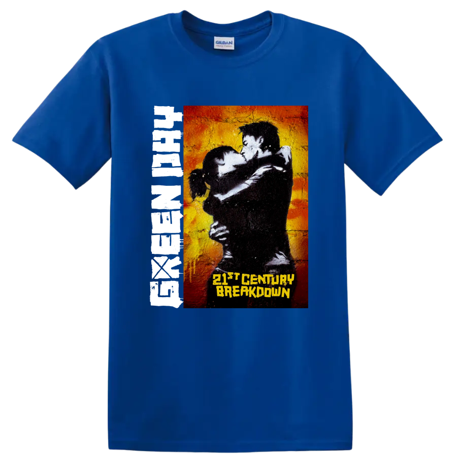Green Day 21st Century Breakdown punk rock graphic with embracing couple on a Royal (Blue) T Shirt