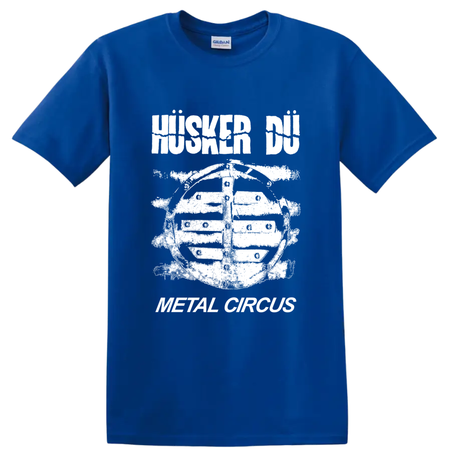 Husker Du punk rock graphic with bold band lettering and illustrated figure on a Royal (Blue) T Shirt