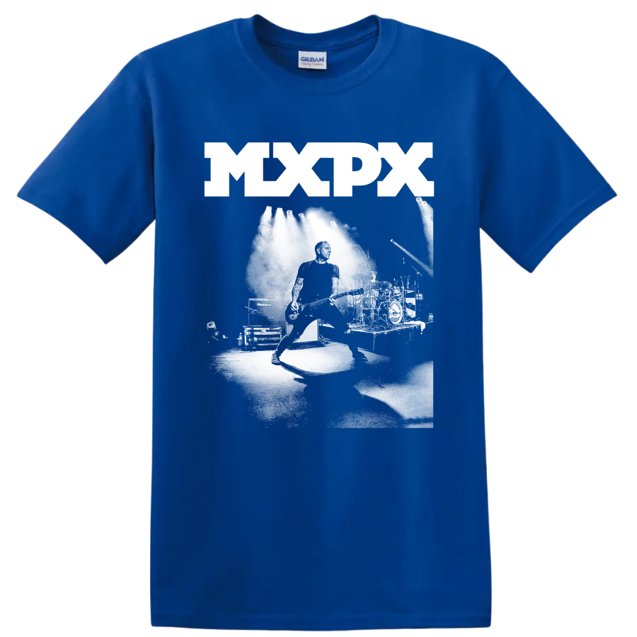 MxPx punk rock graphic print with bold lettering and monochrome illustration on a Royal (Blue) T Shirt
