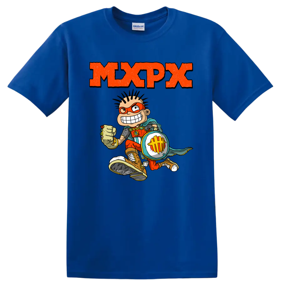 MxPx punk rock graphic with comic skateboarder and distressed orange lettering on a Royal (Blue) T Shirt