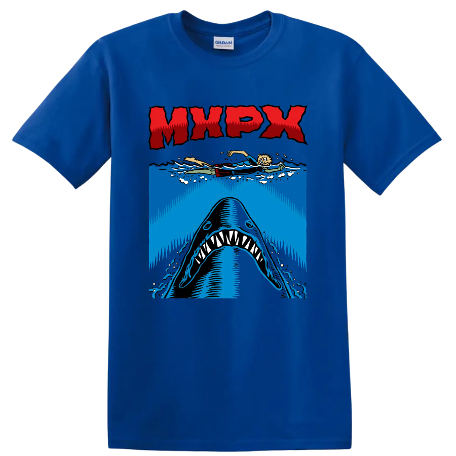 MxPx punk rock shark graphic with swimmer and ocean waves on a Royal (Blue) T Shirt