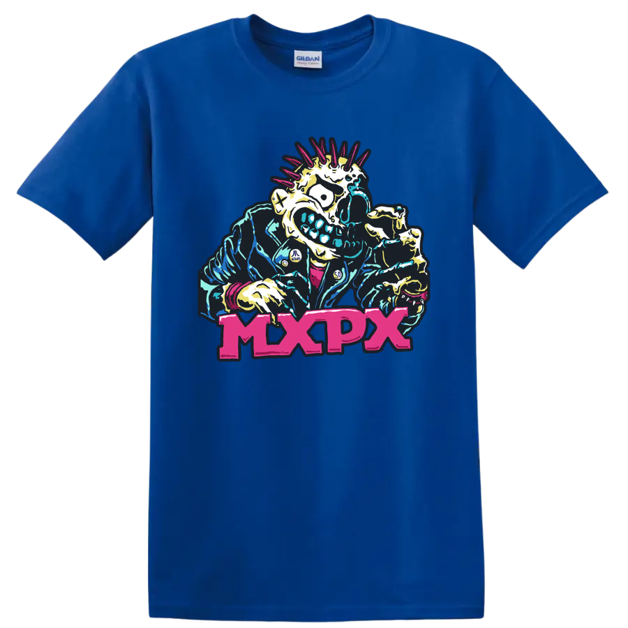 MxPx punk rock mohawked skeleton graphic with bold pink lettering on a Royal (Blue) T Shirt