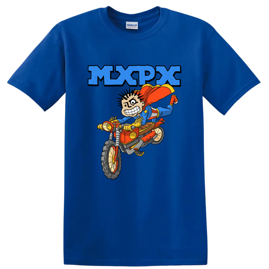 MxPx punk rock cartoon rider on dirt bike graphic on a Royal (Blue) T Shirt