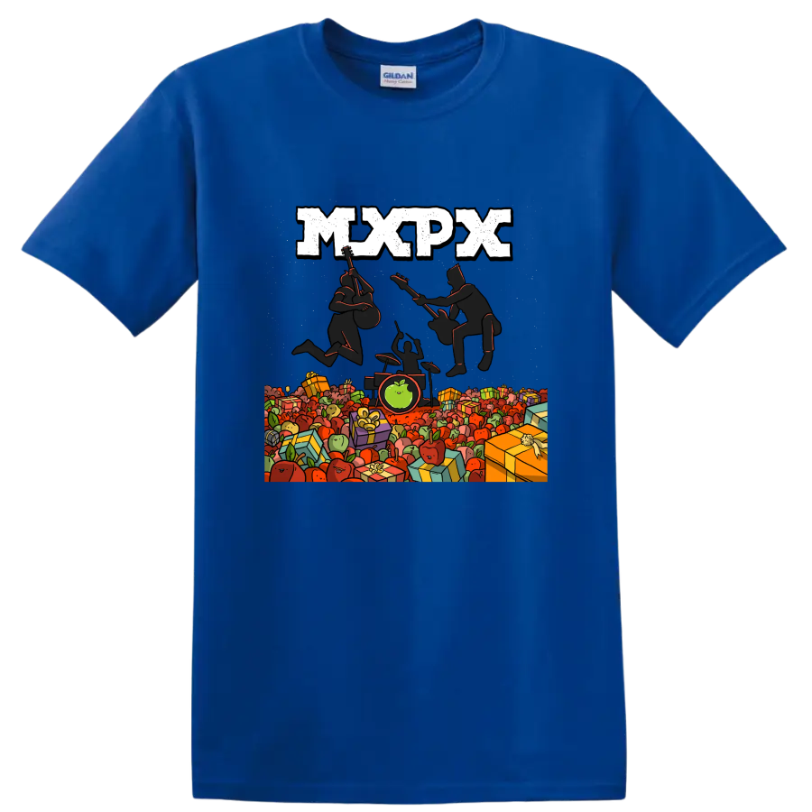 MxPx punk rock graphic with musicians, apples, and wrapped gifts on a Royal (Blue) T Shirt