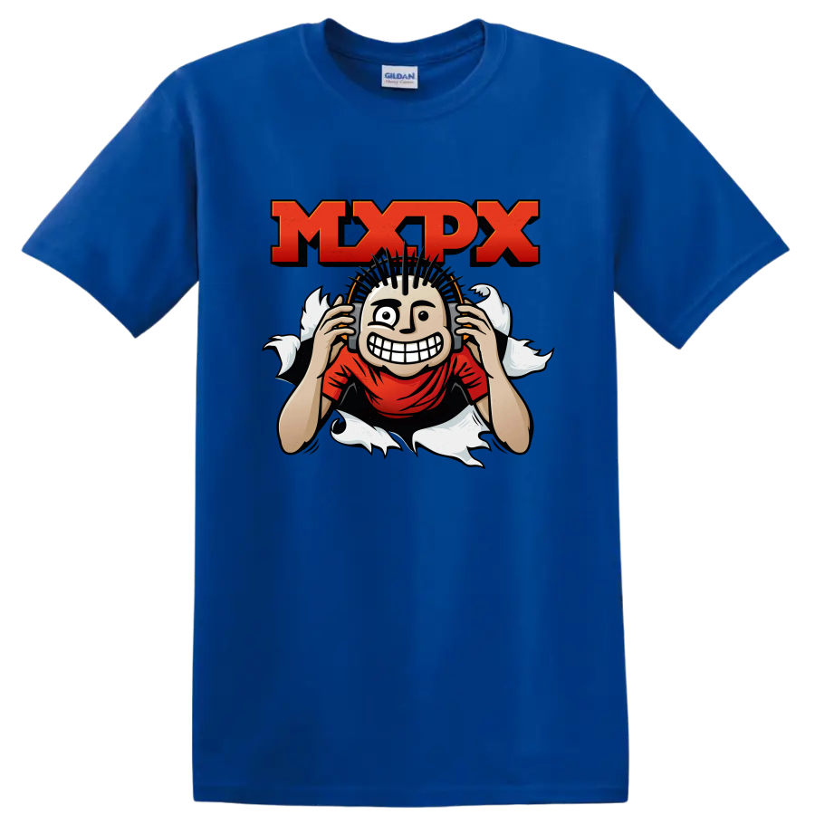 MxPx punk rock graphic with distressed lettering and grinning mohawk character on a Royal (Blue) T Shirt