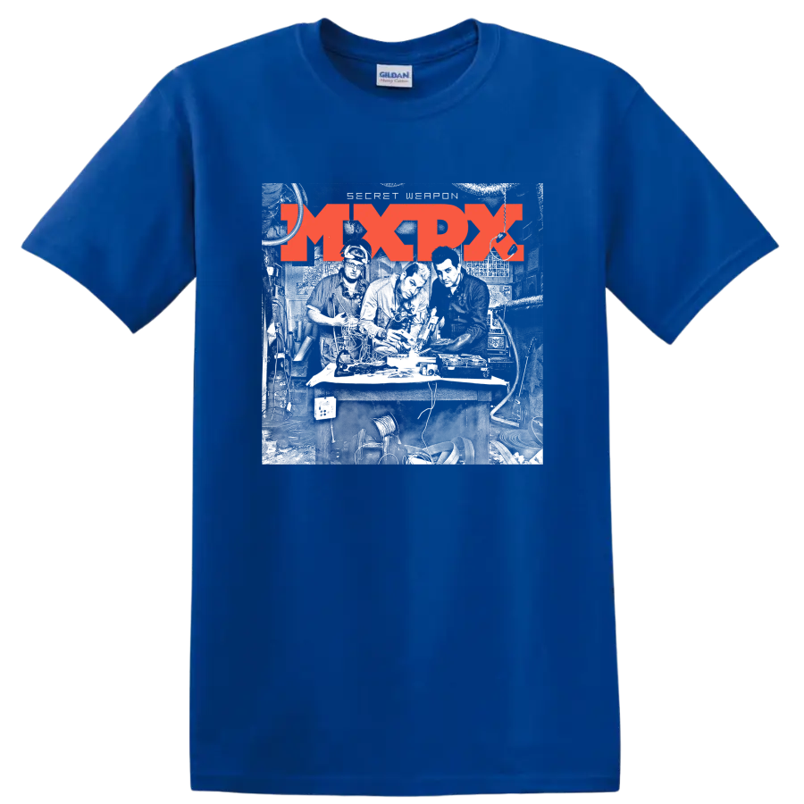 Distressed red MxPx punk rock band logo graphic on a Royal (Blue) T Shirt