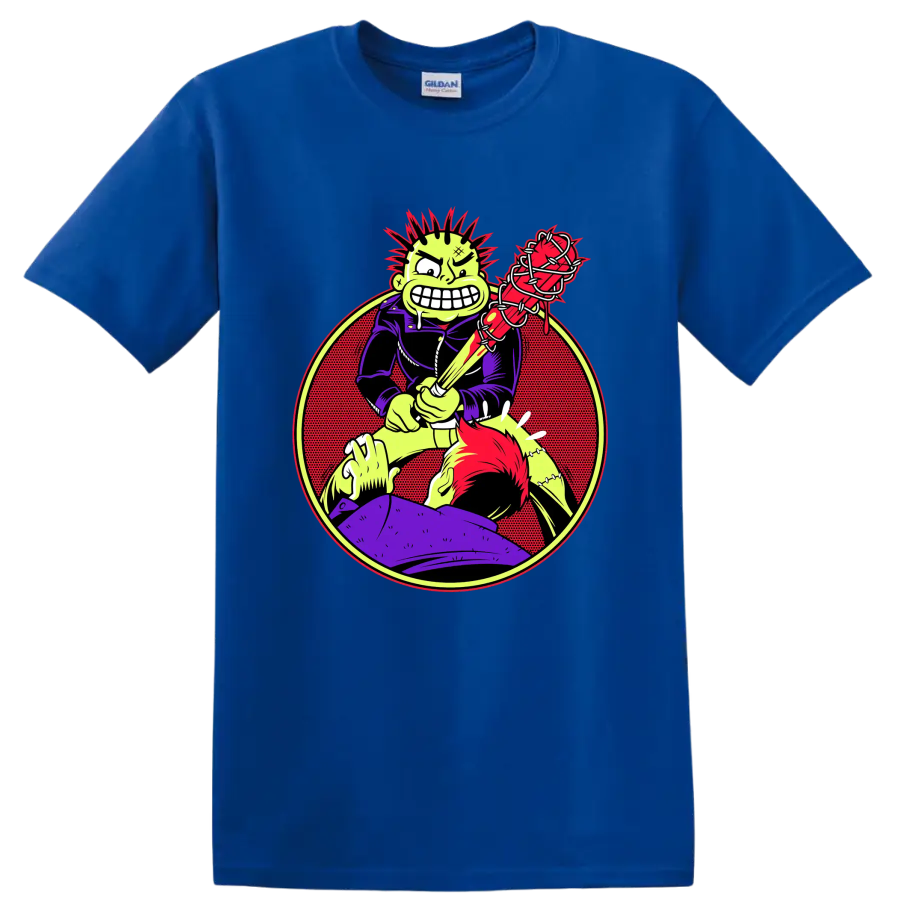 MxPx punk rock character with barbed wire bat graphic on a Royal (Blue) T Shirt