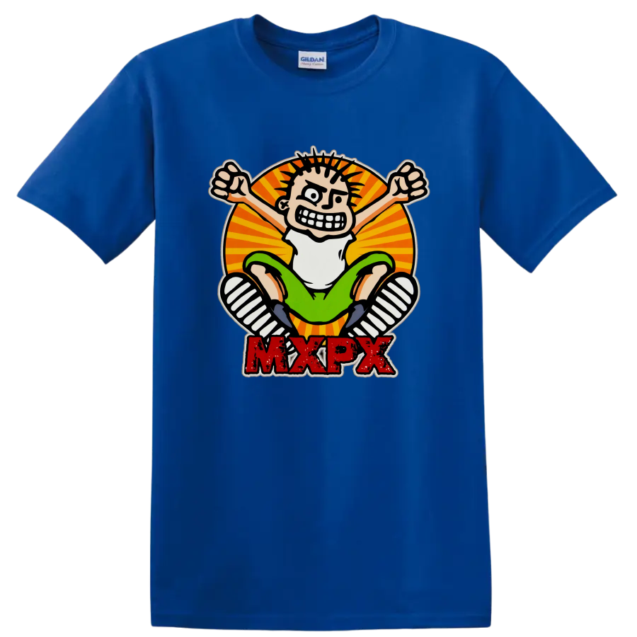 MxPx punk rock cartoon skateboard graphic with distressed red lettering on a Royal (Blue) T Shirt