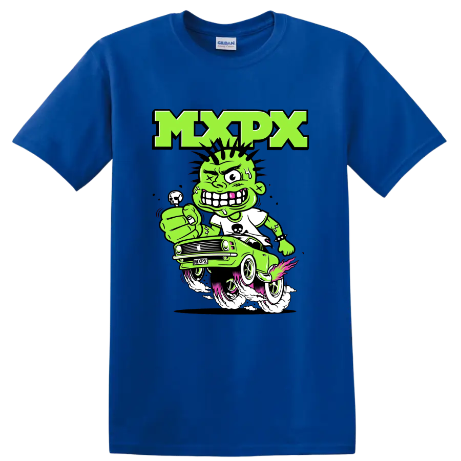 MxPx punk rock cartoon car graphic with green character on a Royal (Blue) T Shirt