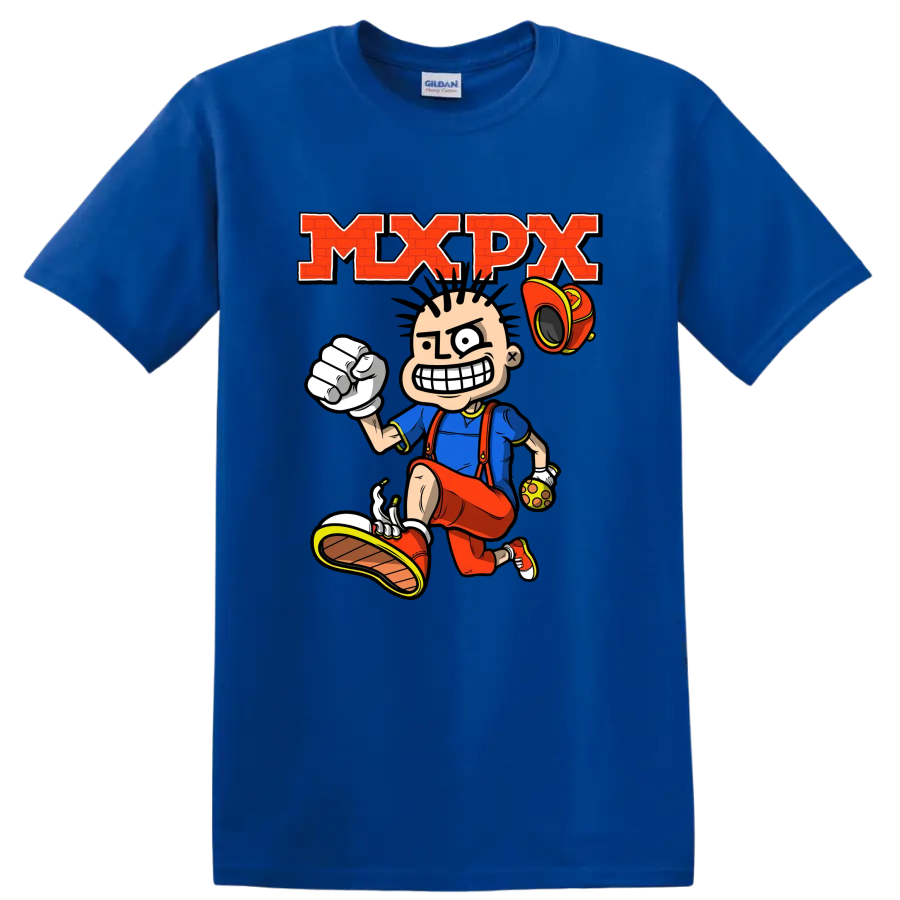 MxPx punk rock cartoon skateboarder graphic with bold red lettering on a Royal (Blue) T Shirt