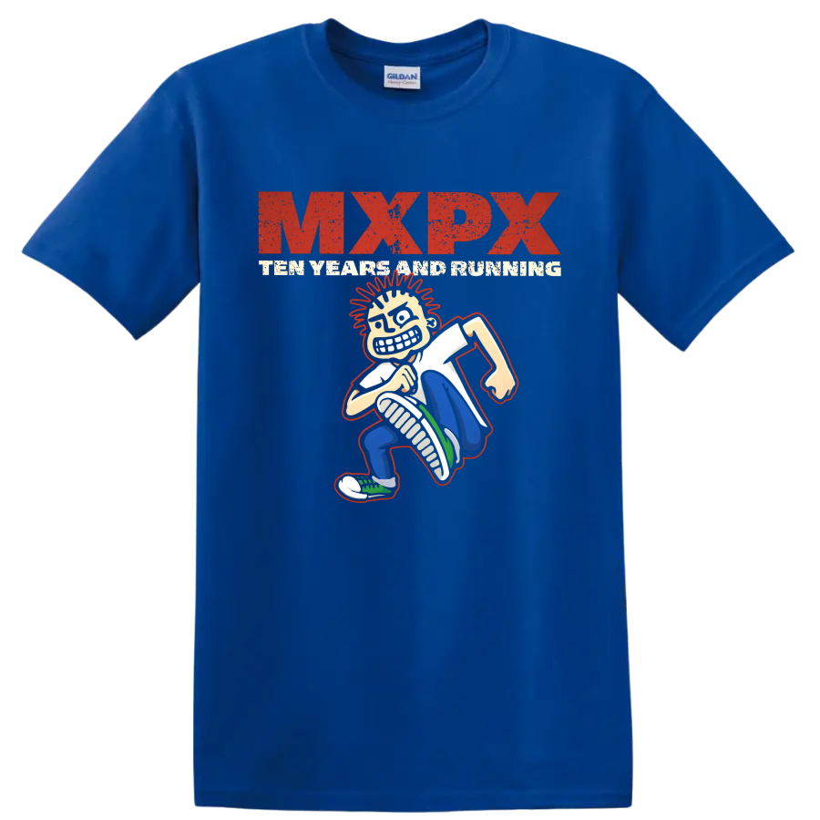 MxPx Teenage Politics distressed punk graphic with cartoon character on a Royal (Blue) T Shirt