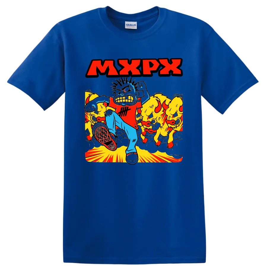 MxPx cartoon skateboarder and yellow creatures punk rock graphic on a Royal (Blue) T Shirt