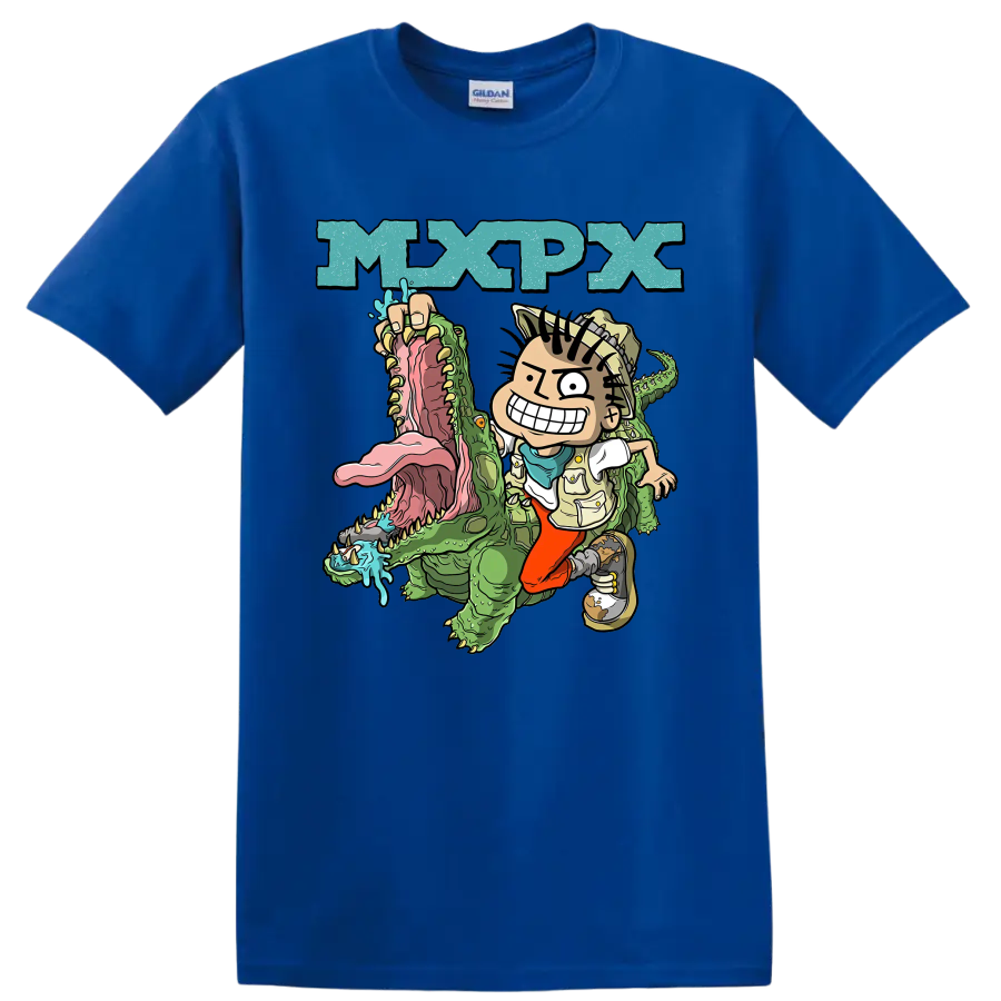 MxPx cartoon punk rock design with character riding a green crocodile on a Royal (Blue) T Shirt