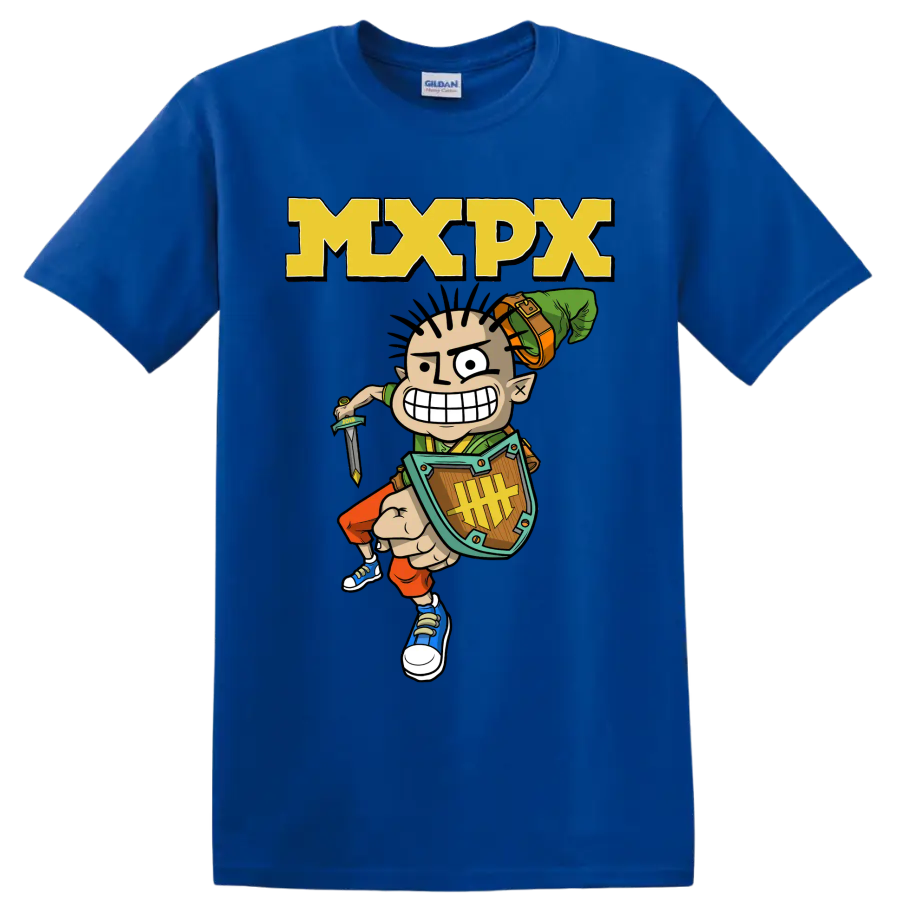 MxPx cartoon warrior punk rock graphic with bold MXPX lettering on a Royal (Blue) T Shirt
