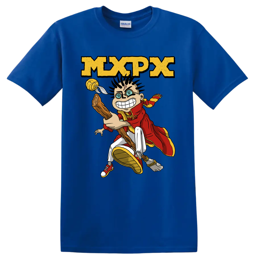MxPx punk rock cartoon character graphic with distressed logo on a Royal (Blue) T Shirt