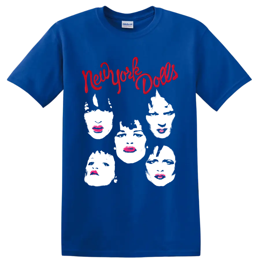 New York Dolls punk rock graphic with red script and five stylized faces on a Royal (Blue) T Shirt