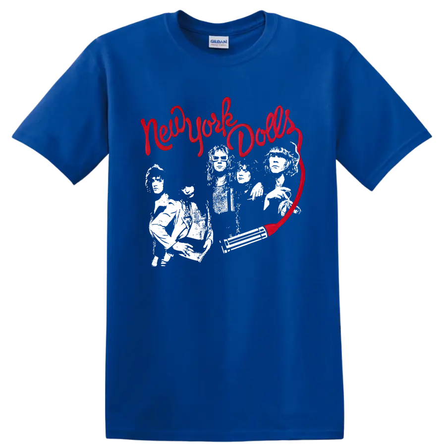 New York Dolls punk rock graphic with red script and white performers on a Royal (Blue) T Shirt