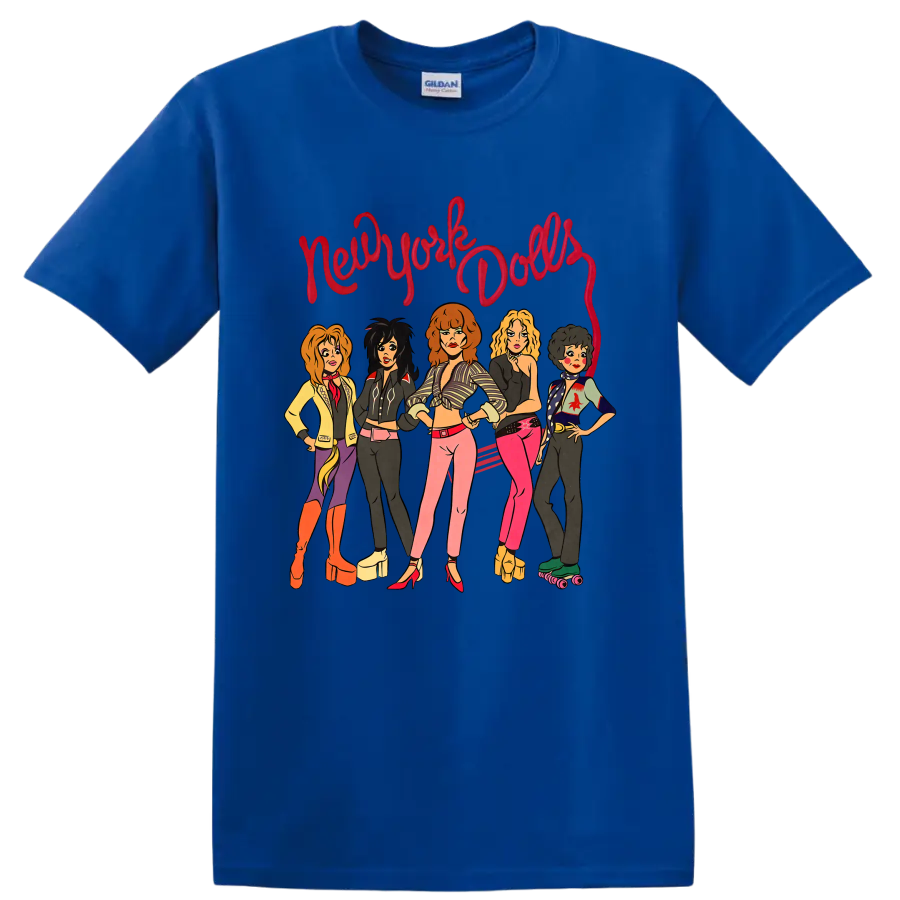 New York Dolls illustrated punk rock band graphic with red script lettering on a Royal (Blue) T Shirt
