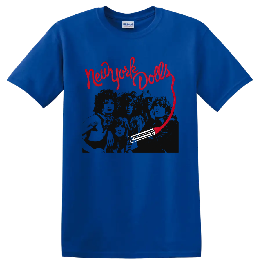 New York Dolls red script punk rock graphic with dark band portrait on a Royal (Blue) T Shirt