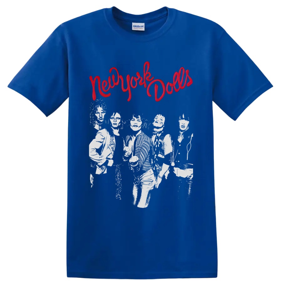 New York Dolls distressed punk rock band graphic with red script lettering on a Royal (Blue) T Shirt
