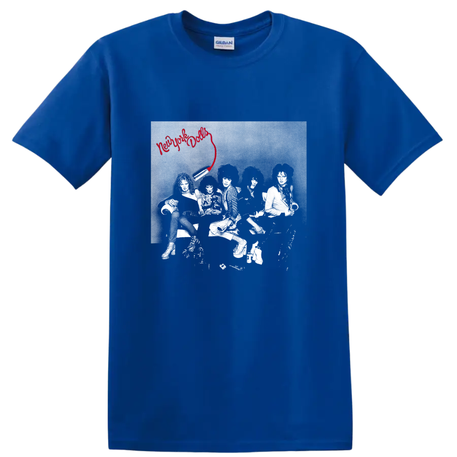 New York Dolls punk rock graphic with red script and band photo on a Royal (Blue) T Shirt