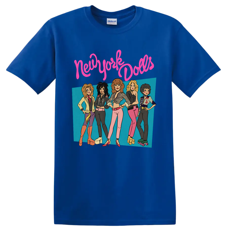 New York Dolls punk rock band graphic with five performers and pink lettering on a Royal (Blue) T Shirt