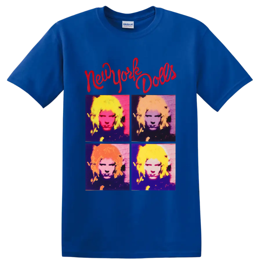 New York Dolls four-panel pop art portrait with red script lettering on a Royal (Blue) T Shirt