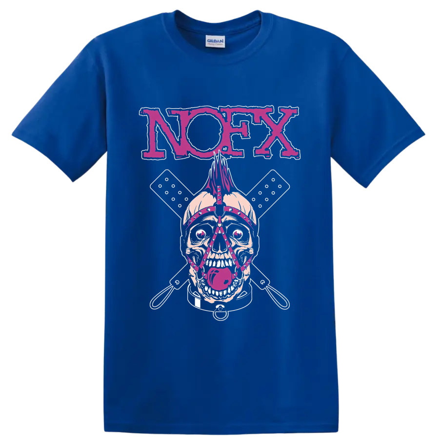 NOFX punk rock skull graphic with magenta lettering and crossed elements on a Royal (Blue) T Shirt