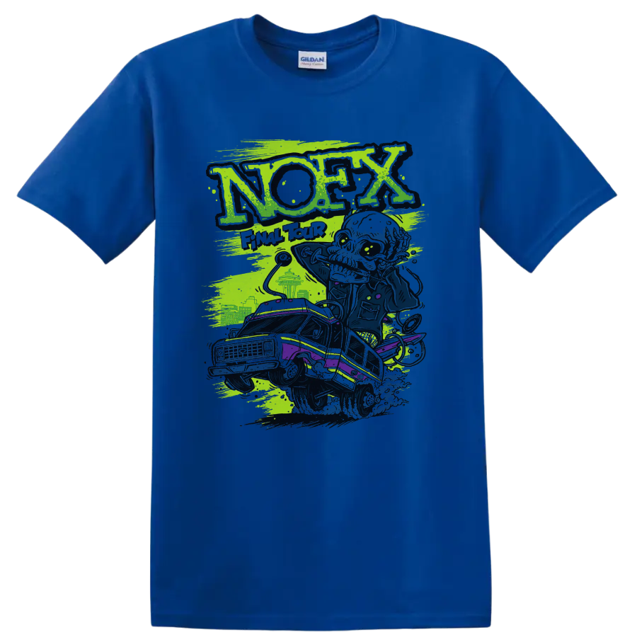 NOFX punk rock lowrider graphic with distressed neon green and purple artwork on a Royal (Blue) T Shirt