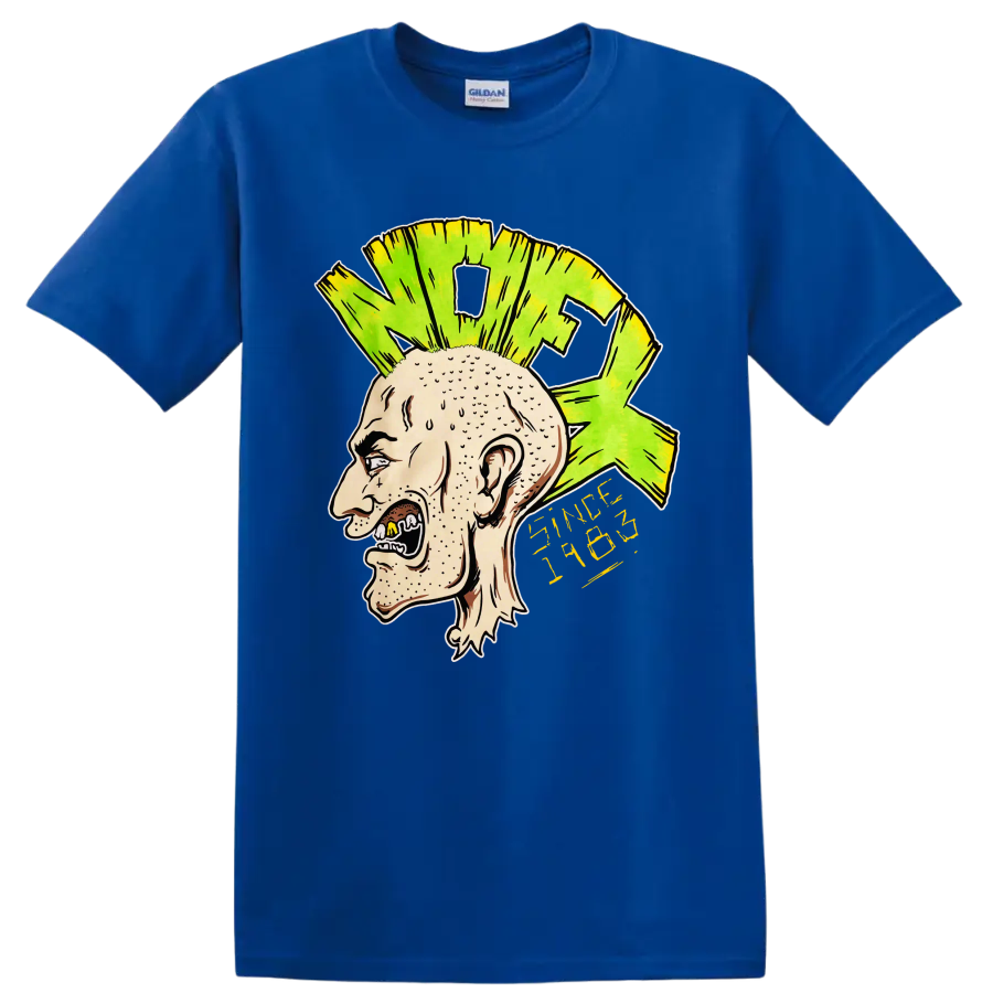 NOFX punk rock illustrated head with bright green mohawk and yellow lettering on a Royal (Blue) T Shirt