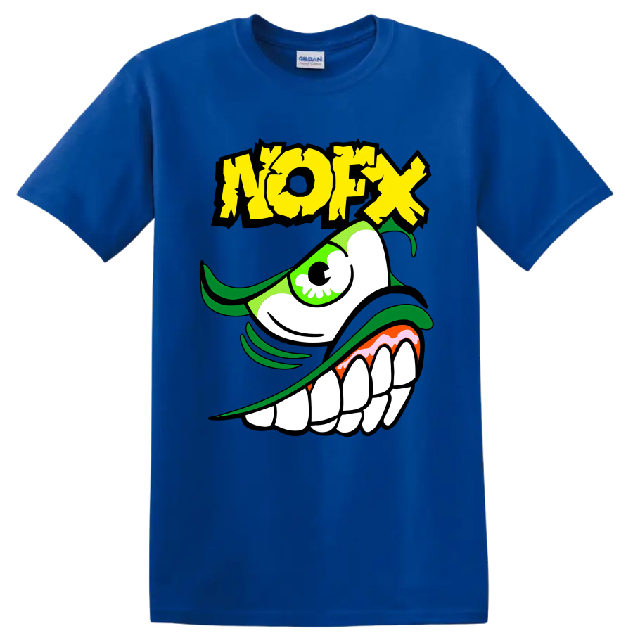 NOFX green monster punk rock graphic with distressed yellow lettering on a Royal (Blue) T Shirt