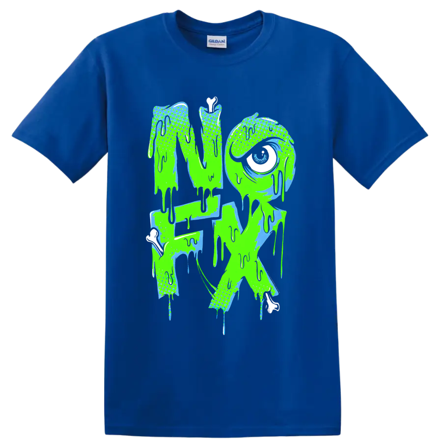 NOFX dripping punk rock band logo in neon green and blue on a Royal (Blue) T Shirt