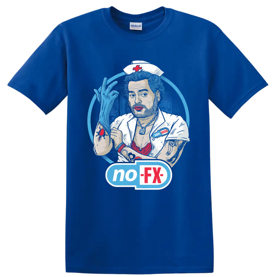 NOFX punk rock nurse illustration with blue hair and no-FX graphic on a Royal (Blue) T Shirt