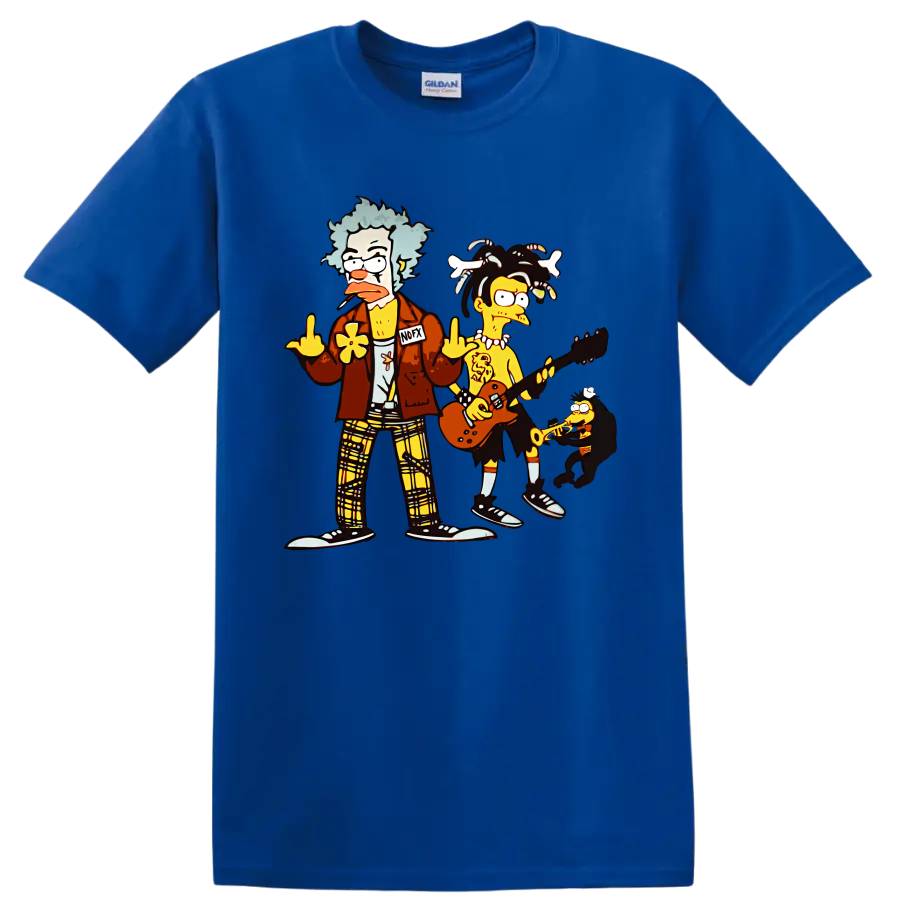 NOFX cartoon punk rock band with guitar and saxophone graphic on a Royal (Blue) T Shirt