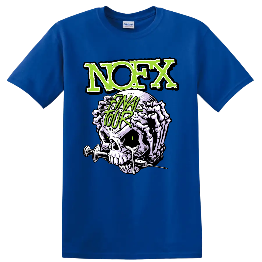 NOFX punk rock skull graphic with distressed green lettering on a Royal (Blue) T Shirt