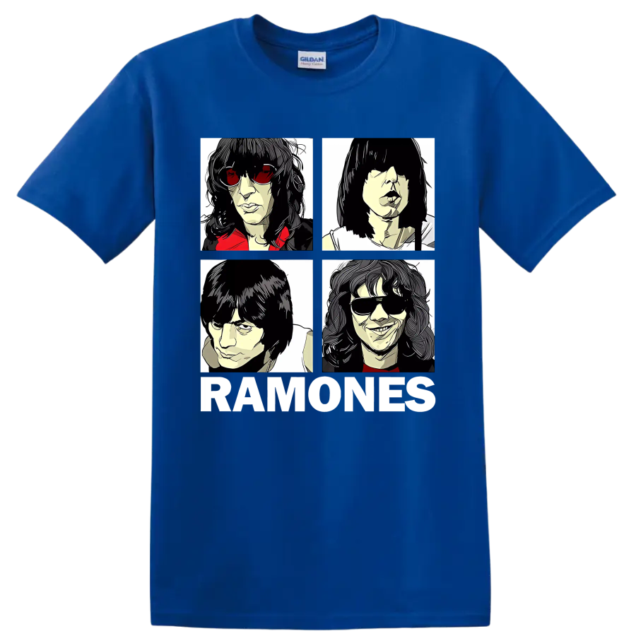 Ramones four-panel punk rock portraits with RAMONES lettering on a Royal (Blue) T Shirt