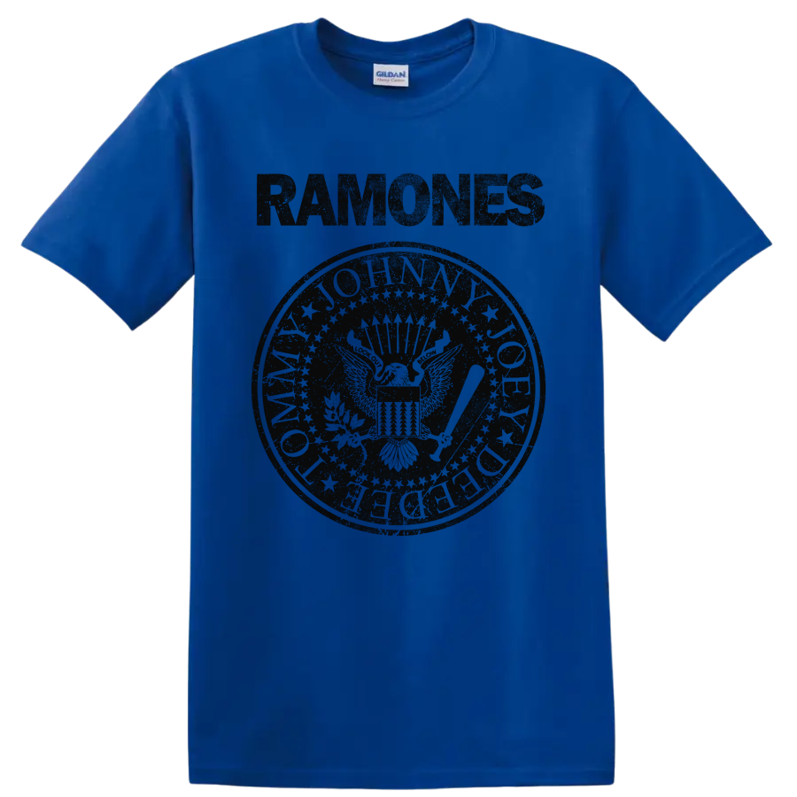 Ramones eagle seal graphic with vintage punk rock lettering on a Royal (Blue) T Shirt