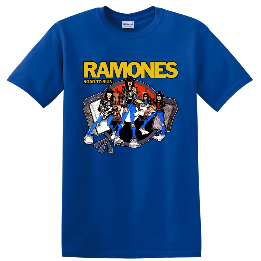 Ramones Road to Ruin illustrated punk rock band graphic print on a Royal (Blue) T Shirt