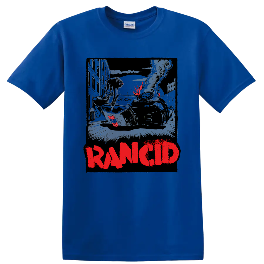 Rancid distressed punk rock graphic with urban wreckage and bold red lettering on a Royal (Blue) T Shirt