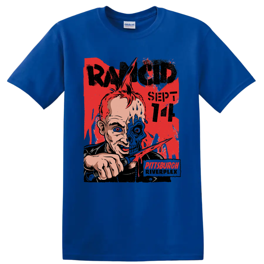 Rancid punk rock distressed half-skull artwork with Pittsburgh lettering on a Royal (Blue) T Shirt