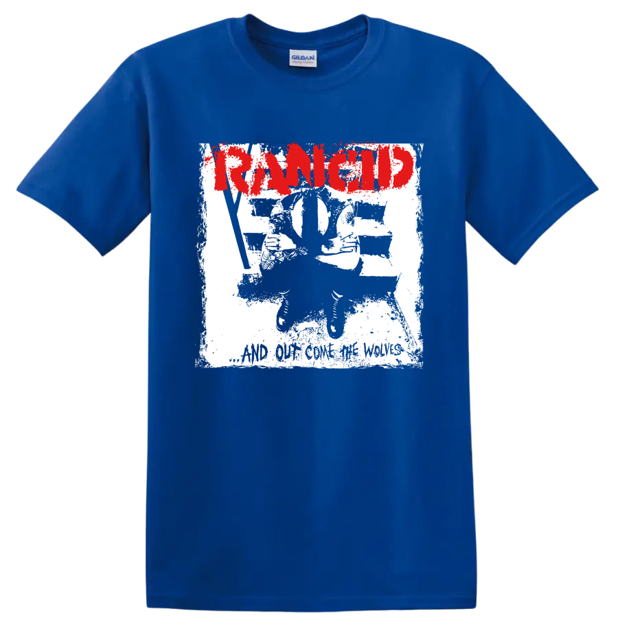 Distressed red Rancid logo with black and white punk artwork on a Royal (Blue) T Shirt