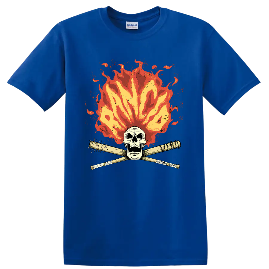 Rancid punk rock skull with crossed bats and distressed flames on a Royal (Blue) T Shirt