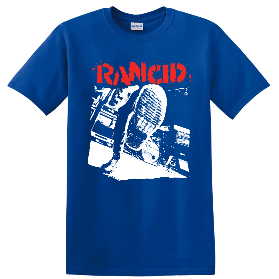 Rancid distressed red logo with bold monochrome punk rock artwork on a Royal (Blue) T Shirt