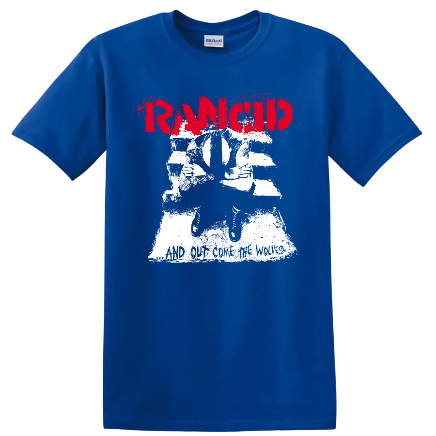 Rancid punk rock graphic with distressed red lettering and white illustration on a Royal (Blue) T Shirt