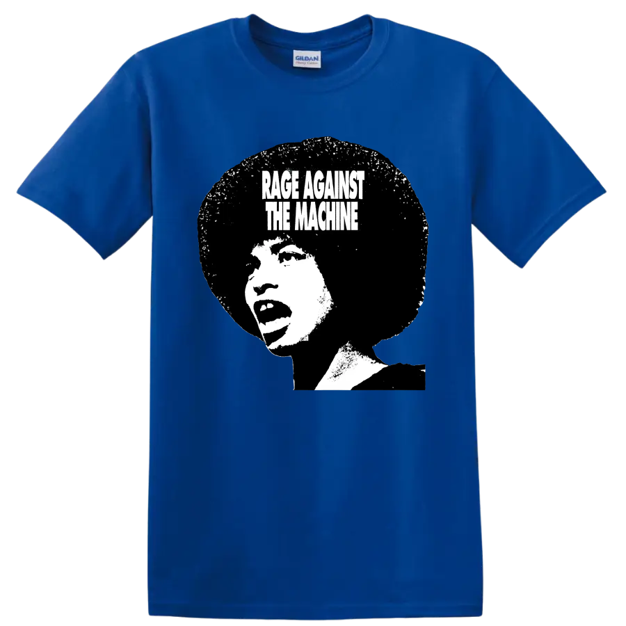 Rage Against the Machine distressed black and white portrait graphic on a Royal (Blue) T Shirt