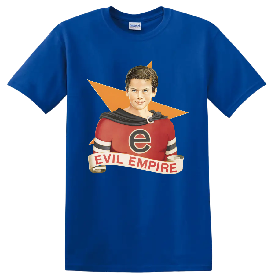 Rage Against the Machine Evil Empire vintage comic-style superhero graphic on a Royal (Blue) T Shirt