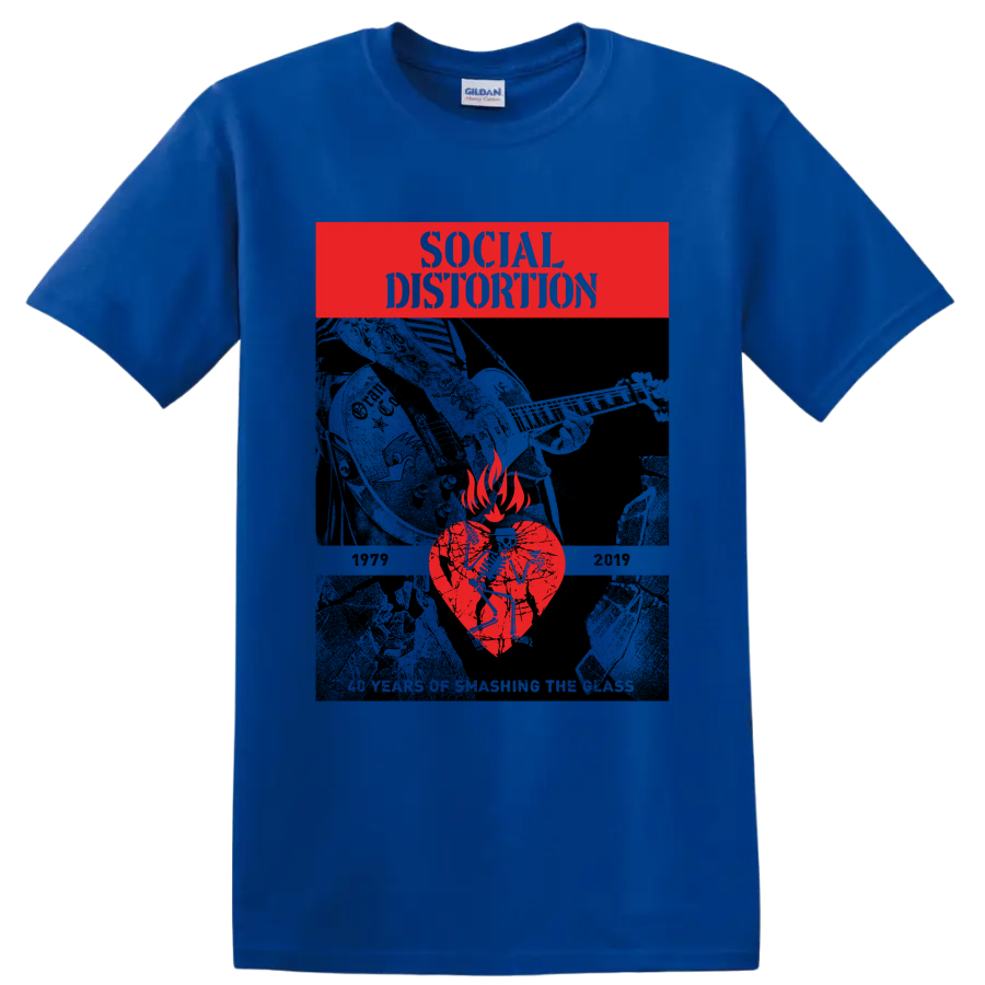 Social Distortion cracked heart flame punk rock graphic on a Royal (Blue) T Shirt