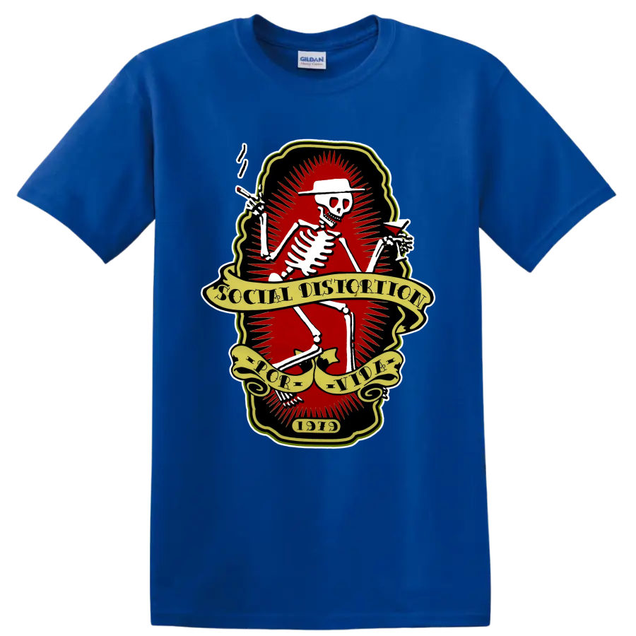 Social Distortion skeleton punk rock band logo with vintage banners on a Royal (Blue) T Shirt