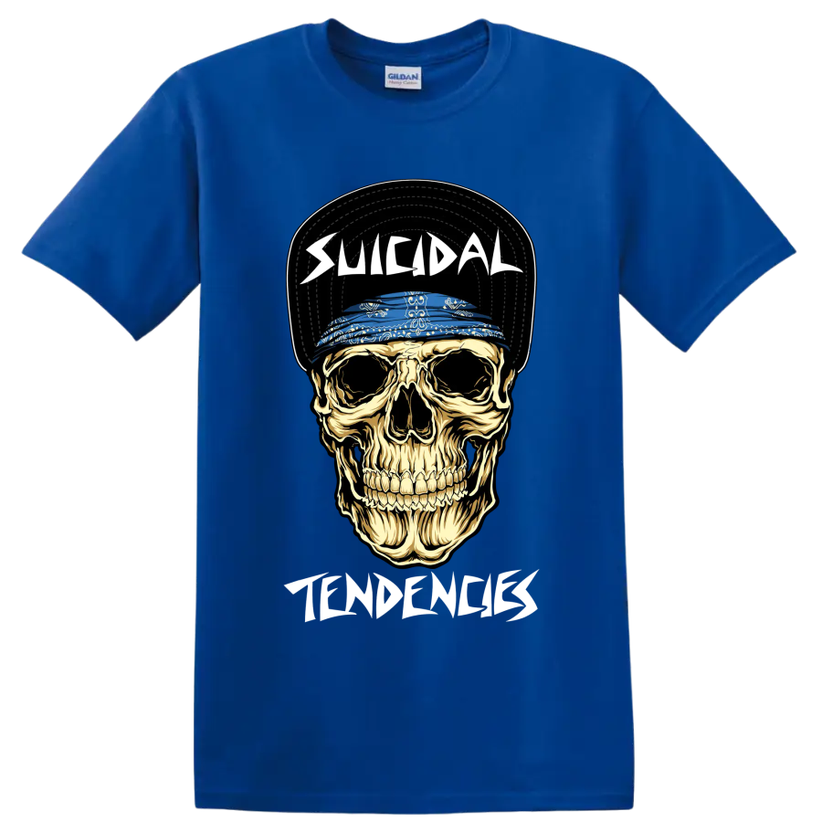 Suicidal Tendencies skull graphic with blue bandana and bold lettering on a Royal (Blue) T Shirt